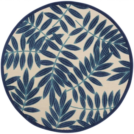 Palacedesigns 5 ft. Round Navy & Beige Leaves Indoor & Outdoor Area Rug PA3651273